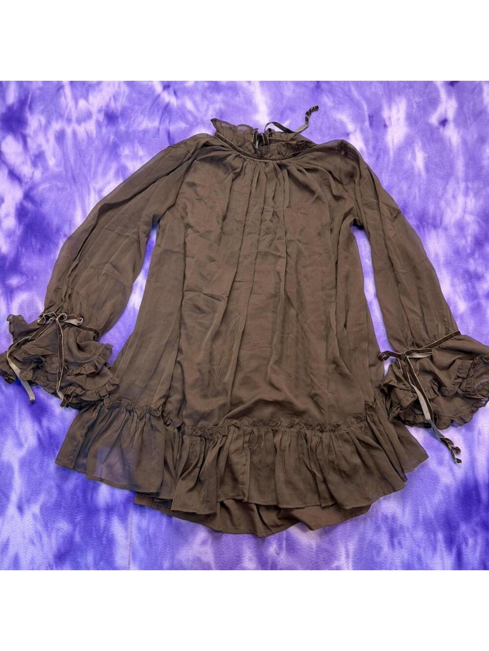 Asos design brown ruffle bow chiffon smock dress